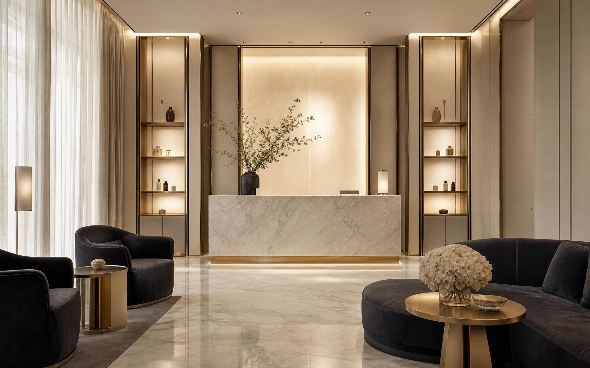 A private luxury beauty clinic reception in ivory marble, champagne gold and charcoal, softly lit by daylight