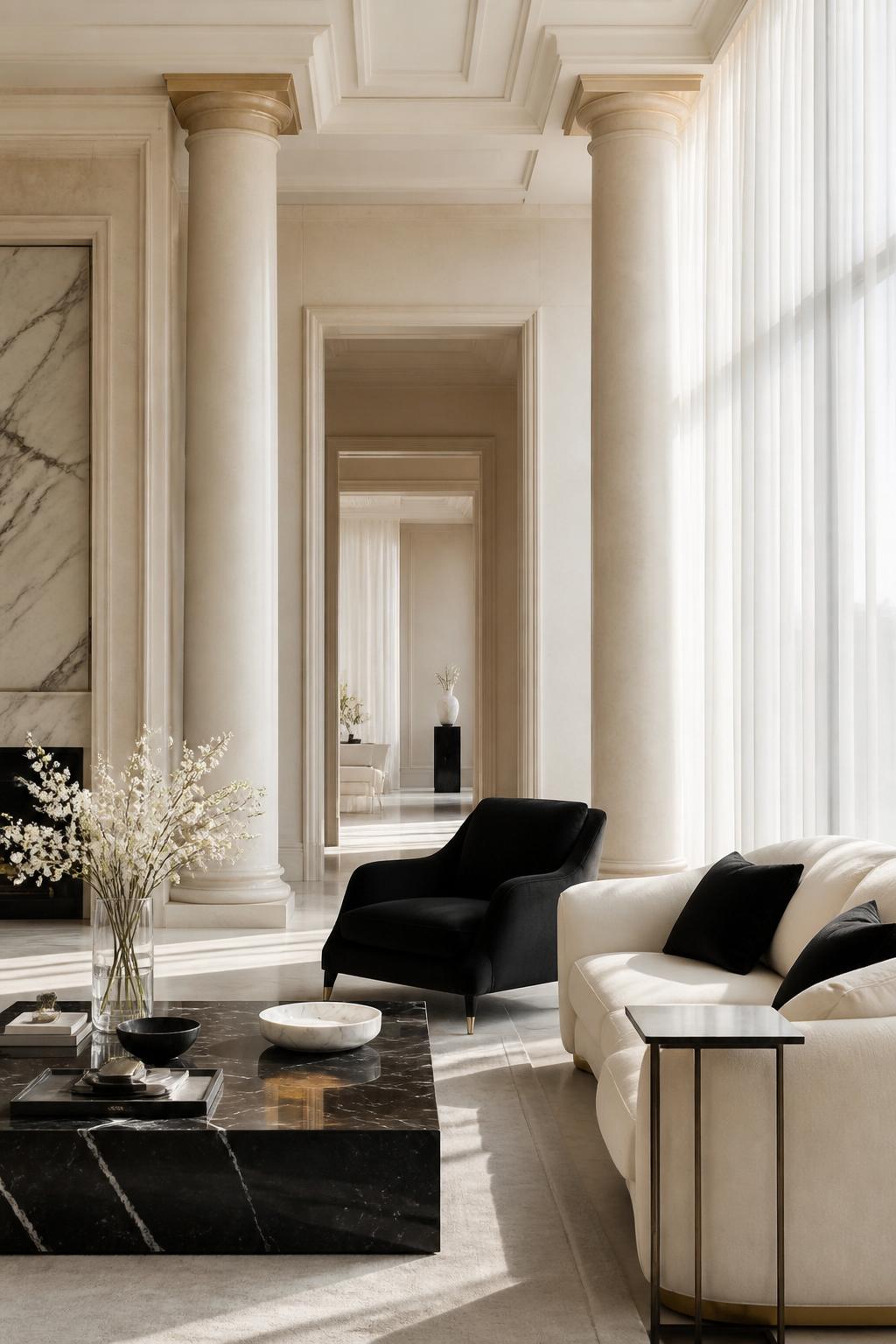 A serene ivory salon with marble columns and champagne gold accents