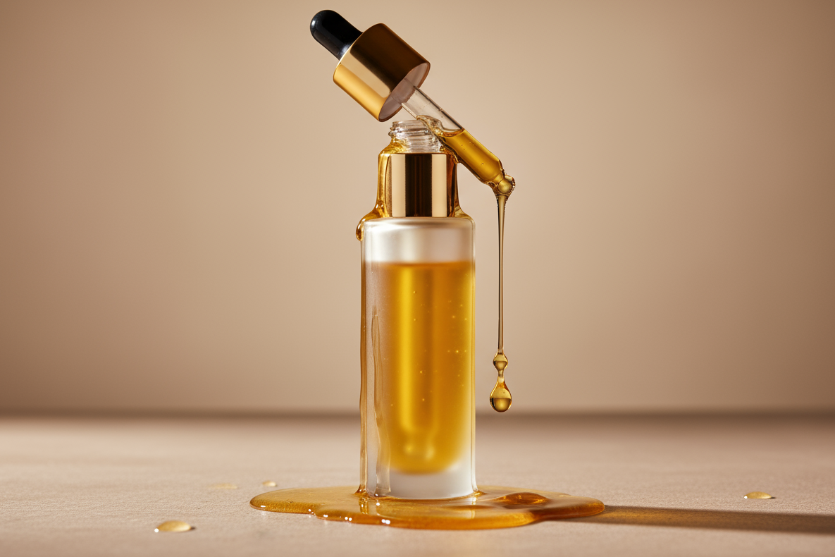 luxury oil for skin bege background dripping slowly from the package 