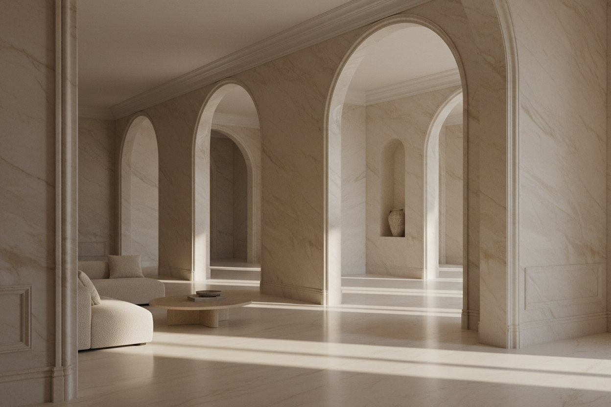 warm beige marble hall, arched dorways, quiet luxury
